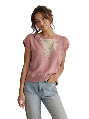 Vintage Society Pink Silk Blend Knit Top with Floral Feature Size Medium